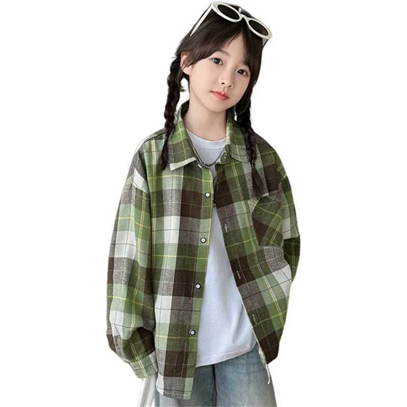 Korean Style Teen Girls Long Sleeve Plaid Shirt with Pocket Kids New Fashion Streetwear Outerwear Child Cotton Blouse Age 514Y C251007