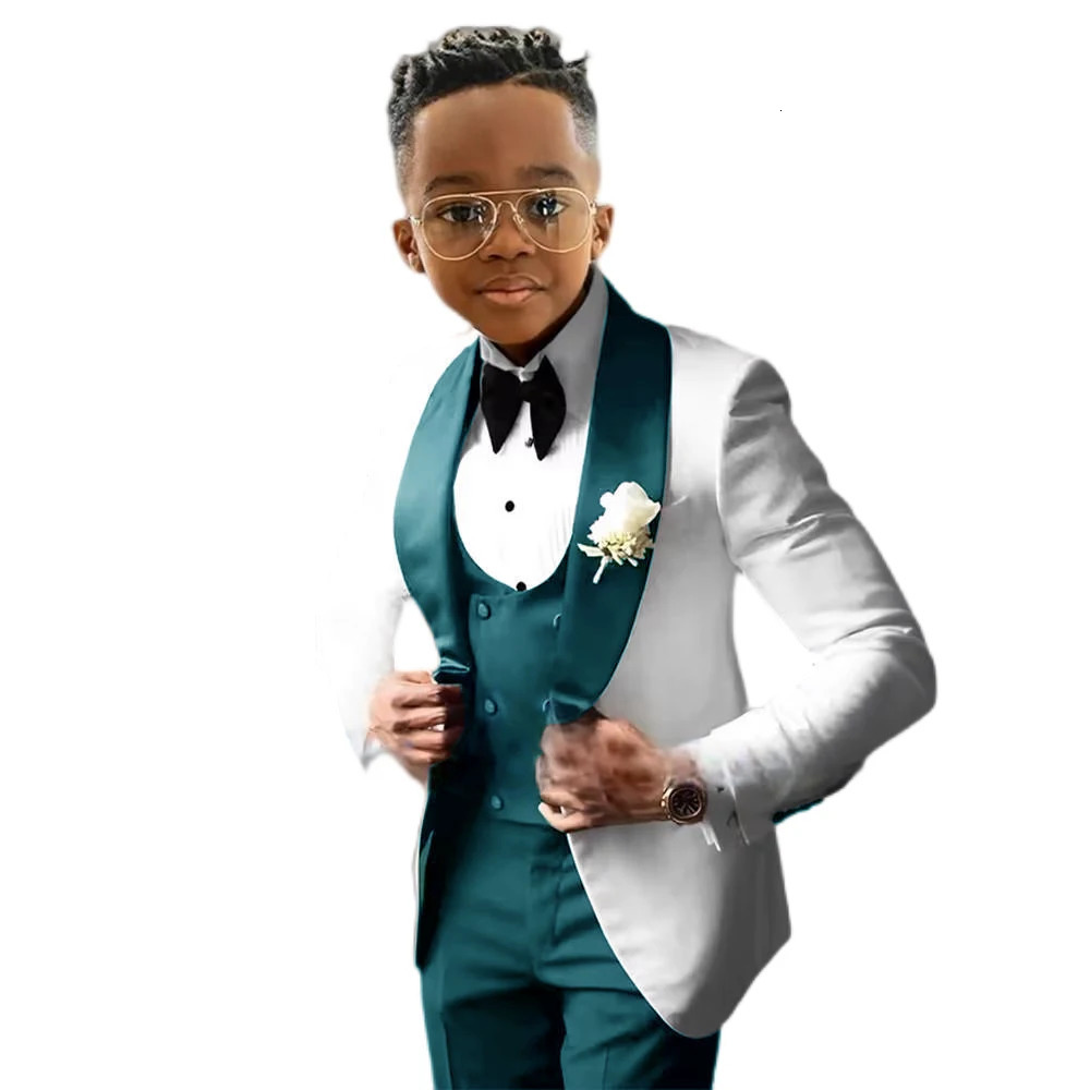 Suit for Boys Wedding Tuxedo 3 Piece White Jacket Royal Blue Pants Vest Kids Blazer Set Slim Fit Tailored Outfit 250922