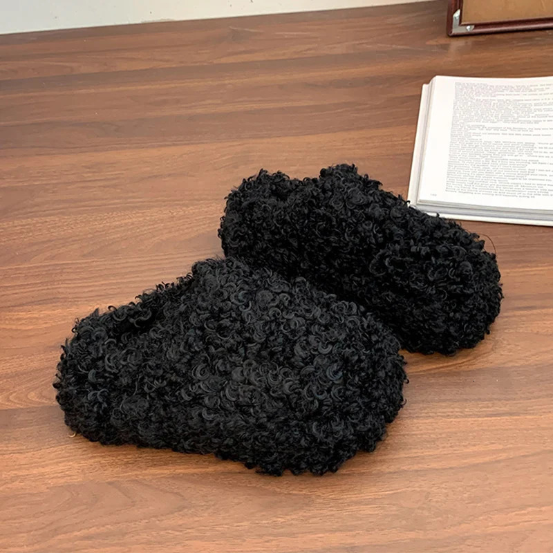 Platform Women Fluffy Slippers Flats Mules Shoes Plush Warm Home Shoes Winter Casual Slingback Shoes Comfort Slides Mujer 250930