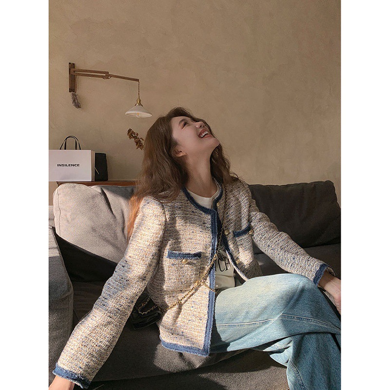 2025 French collage denim designer jacket, coarse wool short women's new fashion elegant slim fit, diagonal autumn and winter luxury jacket