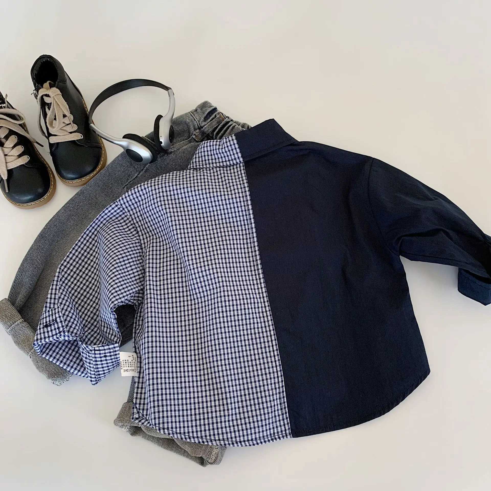New Childrens Clothing 2025 Childrens Shirt Checkered Splicing Color Fashionable and Comfortable for Boys and Girls C251007