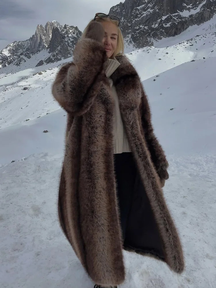 Lapel Long Faux Fur Coat For Women Solid Full Sleeve Furry Loose Jackets Fashion Ladies Winter Warm High Street Outerwear 250929