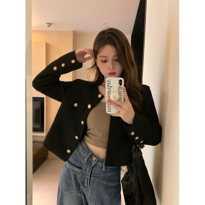 2025 Short Top Women's Spring and Designer Jacket Autumn Coarse Wool Short Top New High fashion end Elegant Social Chic Long Sleeve Top Autumn Lu