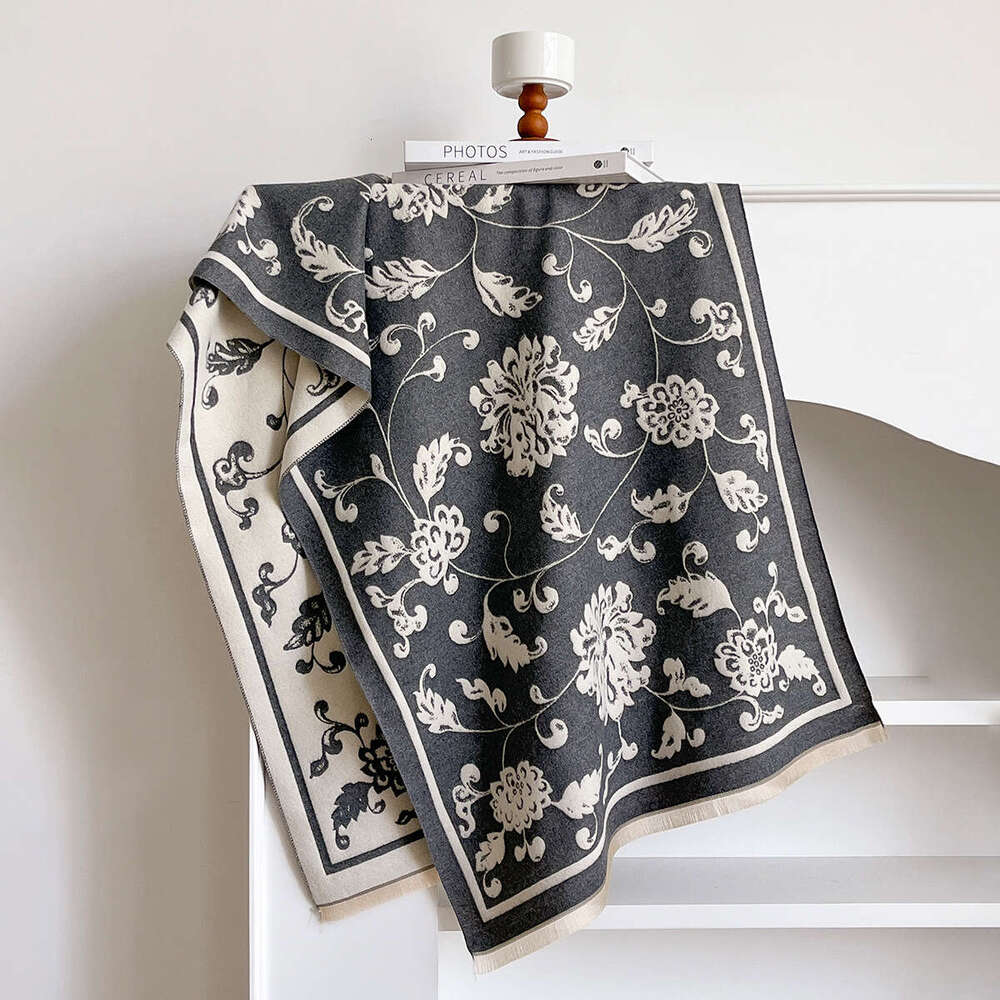 2025 Korean Version Iris Jacquard Mid-Length Thickened Double-Sided Imitation Cashmere Autumn Winter Decorative Shawl Warm and Cold-Resistant for Wome