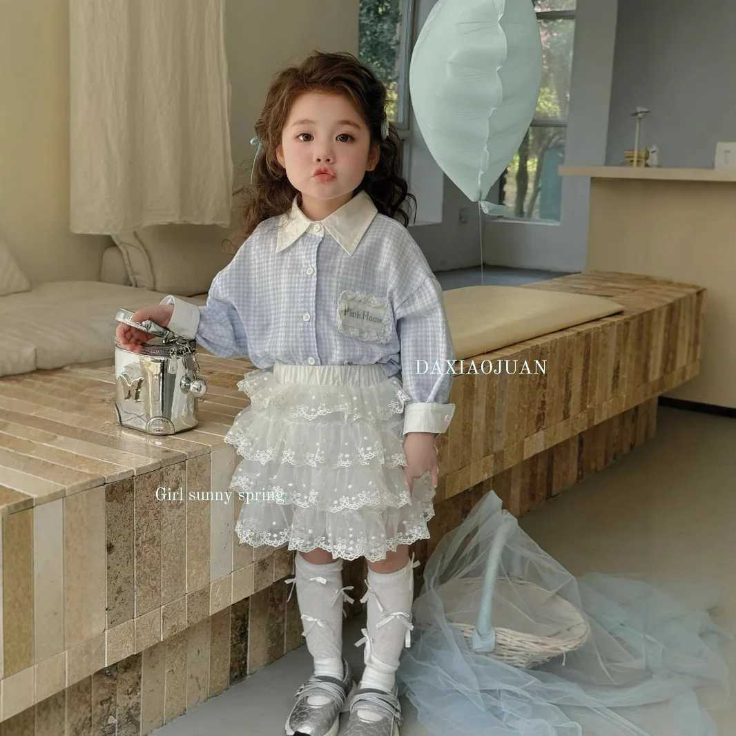 20 25 new girls Korean period plaid lace labeled small fresh shirt girls blouse children shirts C251007