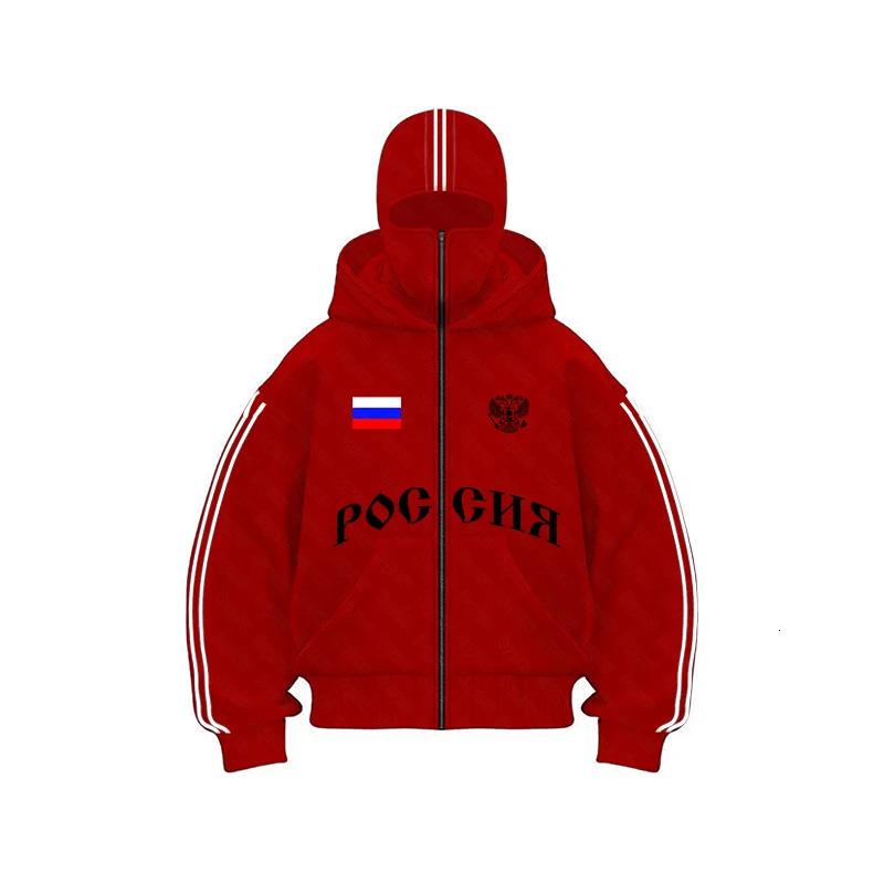 Russia Vintage Double Zip Hoodies Y2K Clothes Men Hip Hop Lettering Graphic Oversized Hoodies Sweatshirts Casual Jacket 250930