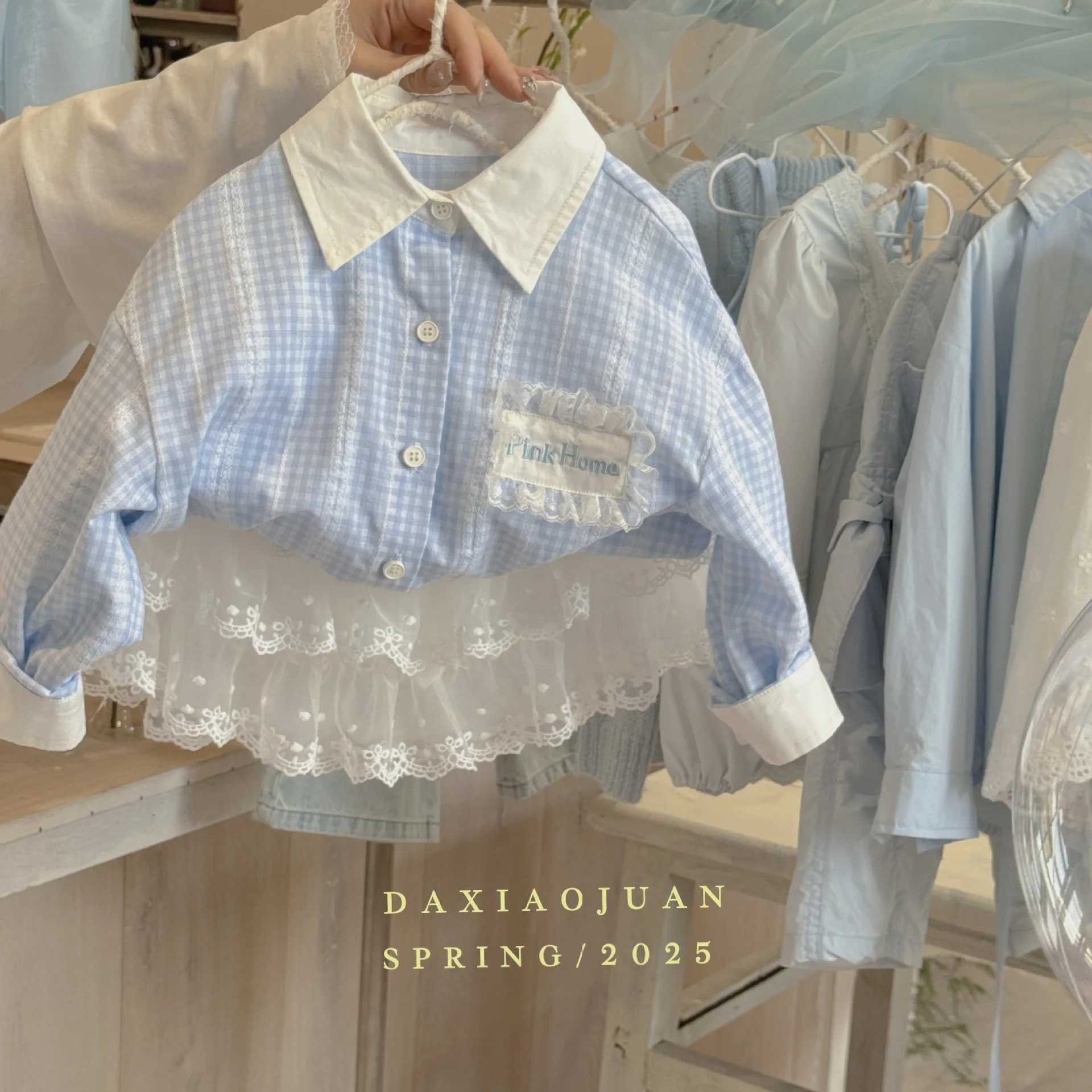 20 25 new girls Korean period plaid lace labeled small fresh shirt girls blouse children shirts C251007