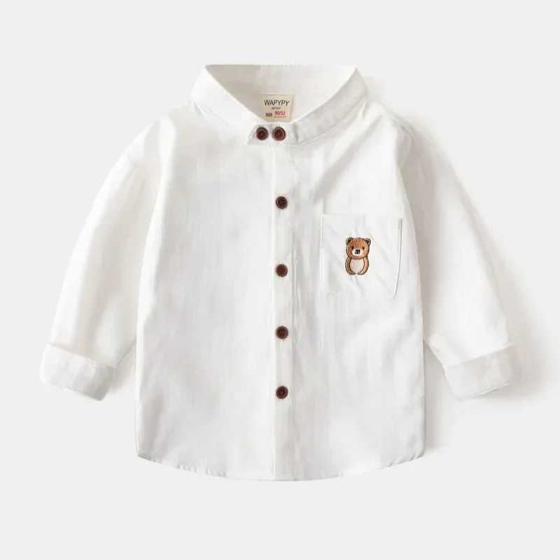 Boys Cartoon Bear Embroidery Long Sleeve Shirt New 2025 Spring Autumn Kids Stand Collar Shirts Tops Child Casual Clothing C251007