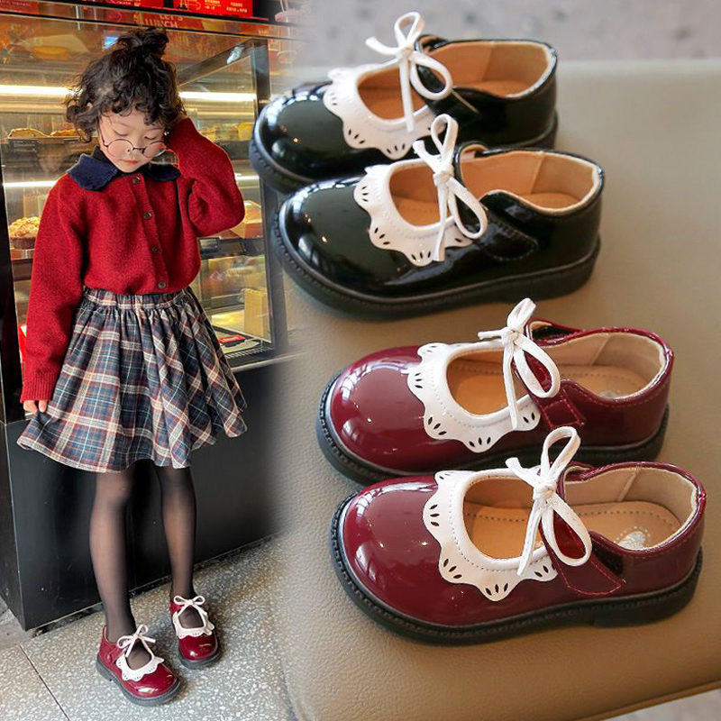 Shoes for Kids Girls Princess Shoes Wine Red Black Ruffles Elegant Patent Leather Bowknot Umshop Children Girl Toddlers Flat Shoes Sizes 21 - 35 U0356