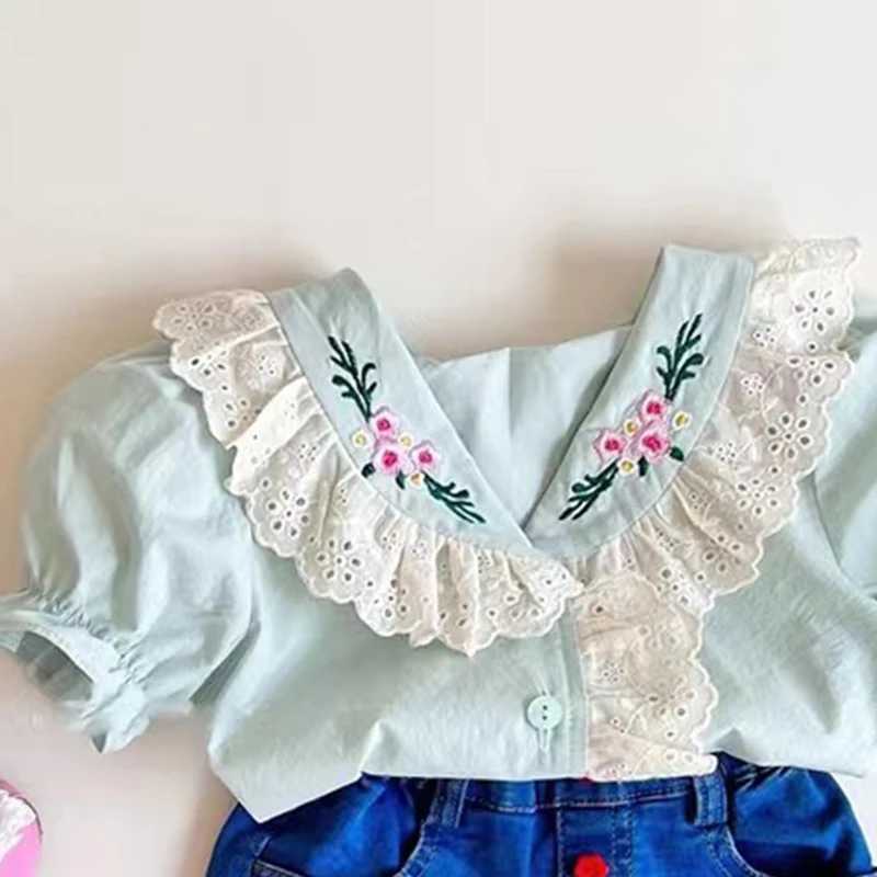 Summer Baby Girls Short Sleeve Shirt Embroidered Lace Doll Shirt For Children Korean Girls Cute Pure Cotton Bubble Sleeve Top C251007