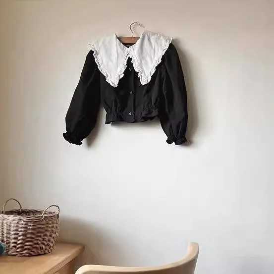 Girls Shirt 2025 Autumn New Childrens Clothing Girls Baby Fashion Splicing Flouncy Collar Cotton and Linen Shirt Casual Simple C251007