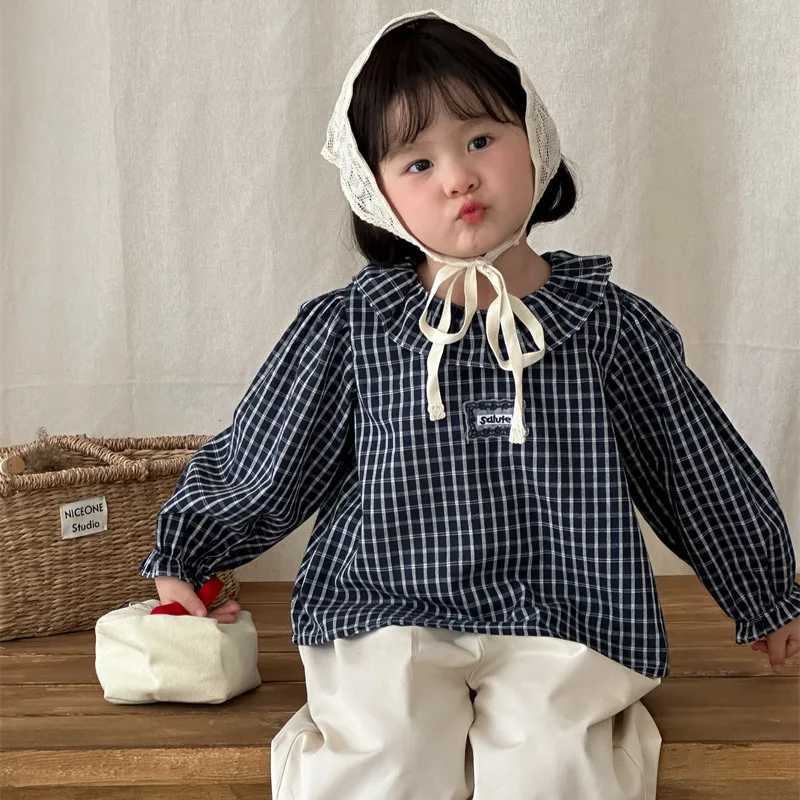 2025 Autumn New Children Label Blue Grid Shirt Fashion Children Clothing Girls Long Sleeve Versatile Top C251007