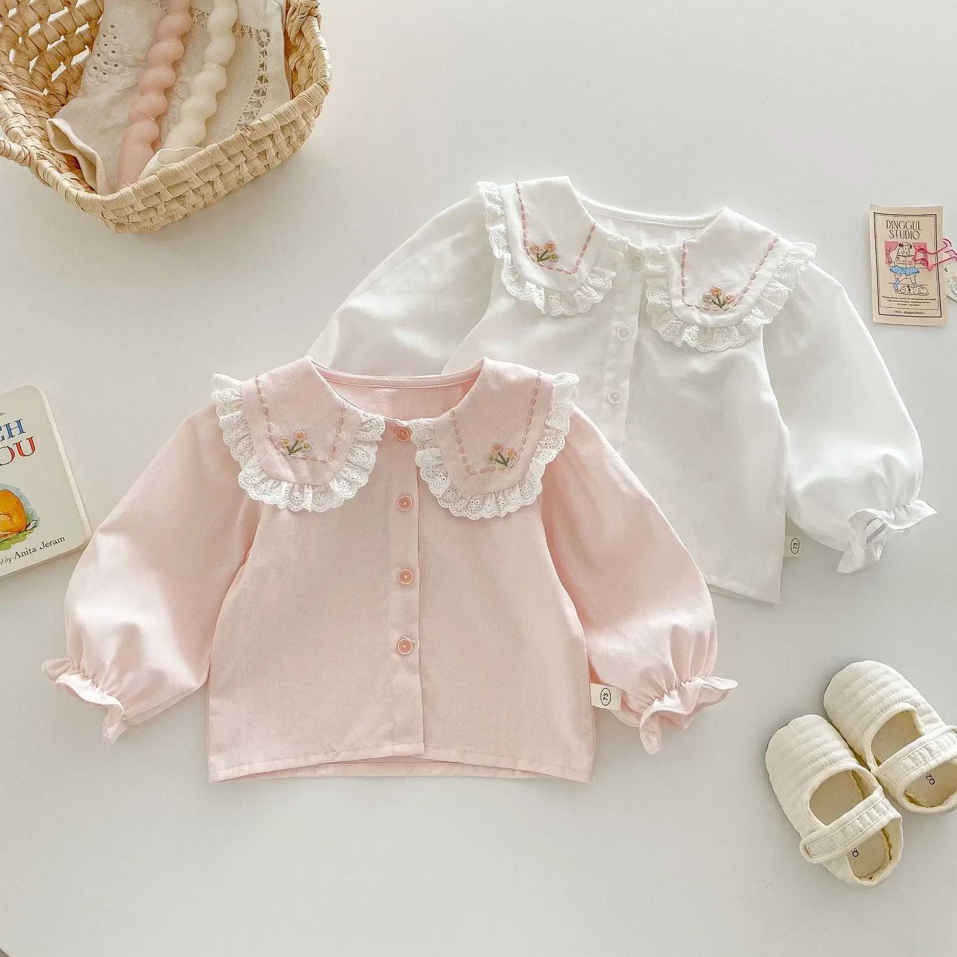 Spring Baby Girls Lace Blouses Kids White Pink Shirts 2025 Autumn Doll Collar Tops Childrens Embroidery Clothing Korean Style C251007
