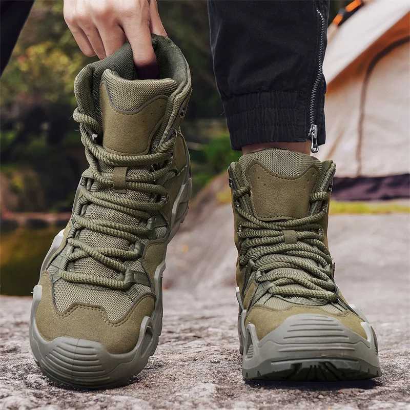 Outdoor Suede Leather Hiking Shoes Men Nonslip Training Mountain Trekking Boots Men Green Combat Tactical Boots Plus Size 46 J251007