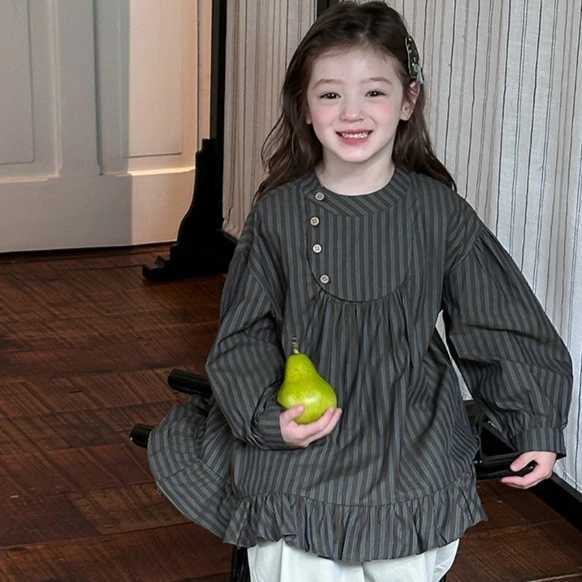 Girls Shirt 2025 Autumn and Winter New Childrens Clothing Girls Baby Fashionable Flounce Stripe Shirt Casual Simple All Match C251007