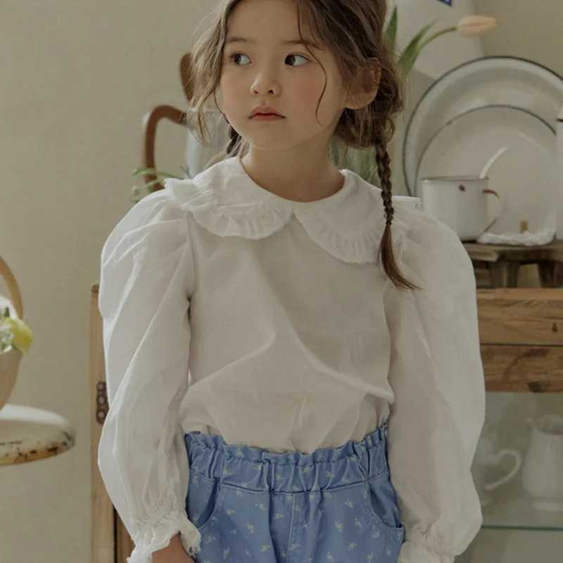 Blouses Spring Korea Girls Children Clothing Lovely Lapel Collar Solid Color Long Sleeved Princess Style Shirt 2024 C251007