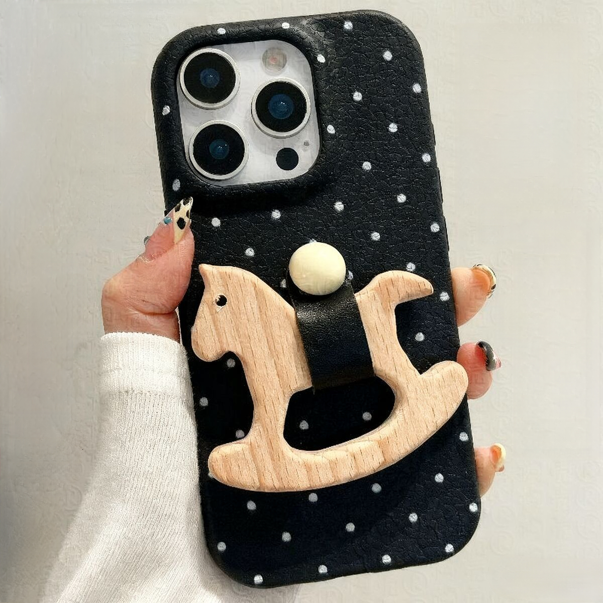 for iPhone 16 Pro Max Case with Holder wooden horse Grip Kickstand Colored Dots Pattern Leather Touch Comfortable Handcrafted Cover for iPhone phone c