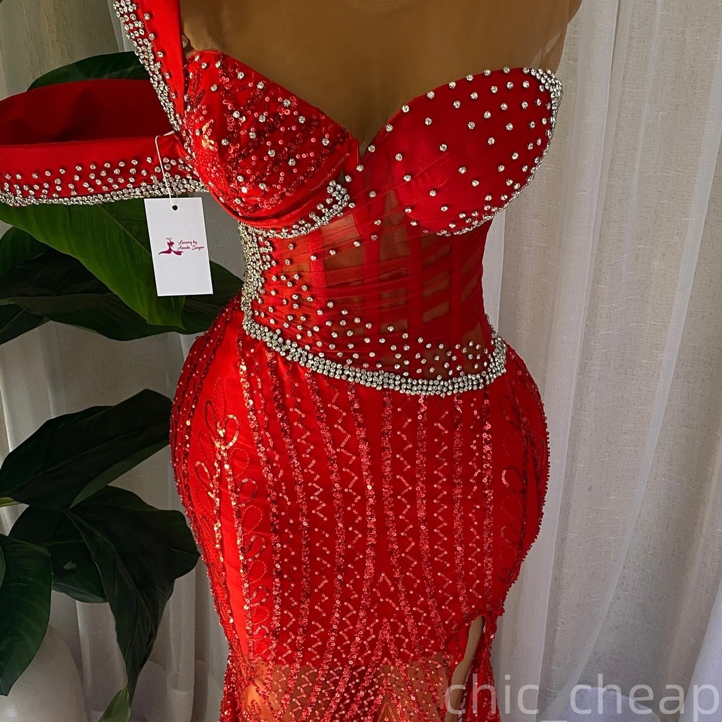 Red Mermaid Prom Dresses 2025 Crystals Sheer Neck Sequined Lace Evening Formal Party Second Birthday Engagement Gowns Plus Size Dress For Special Occa