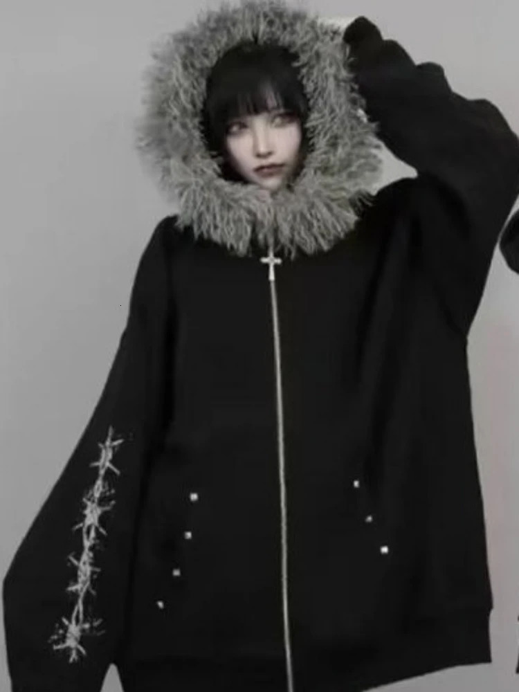 Japanese Punk Fur Patchwork Hooded Coat Y2k Aesthetic Women Printing Oversized Hoodies Csual Grunge Double Zippers Sweatshirts 250930 - view 3