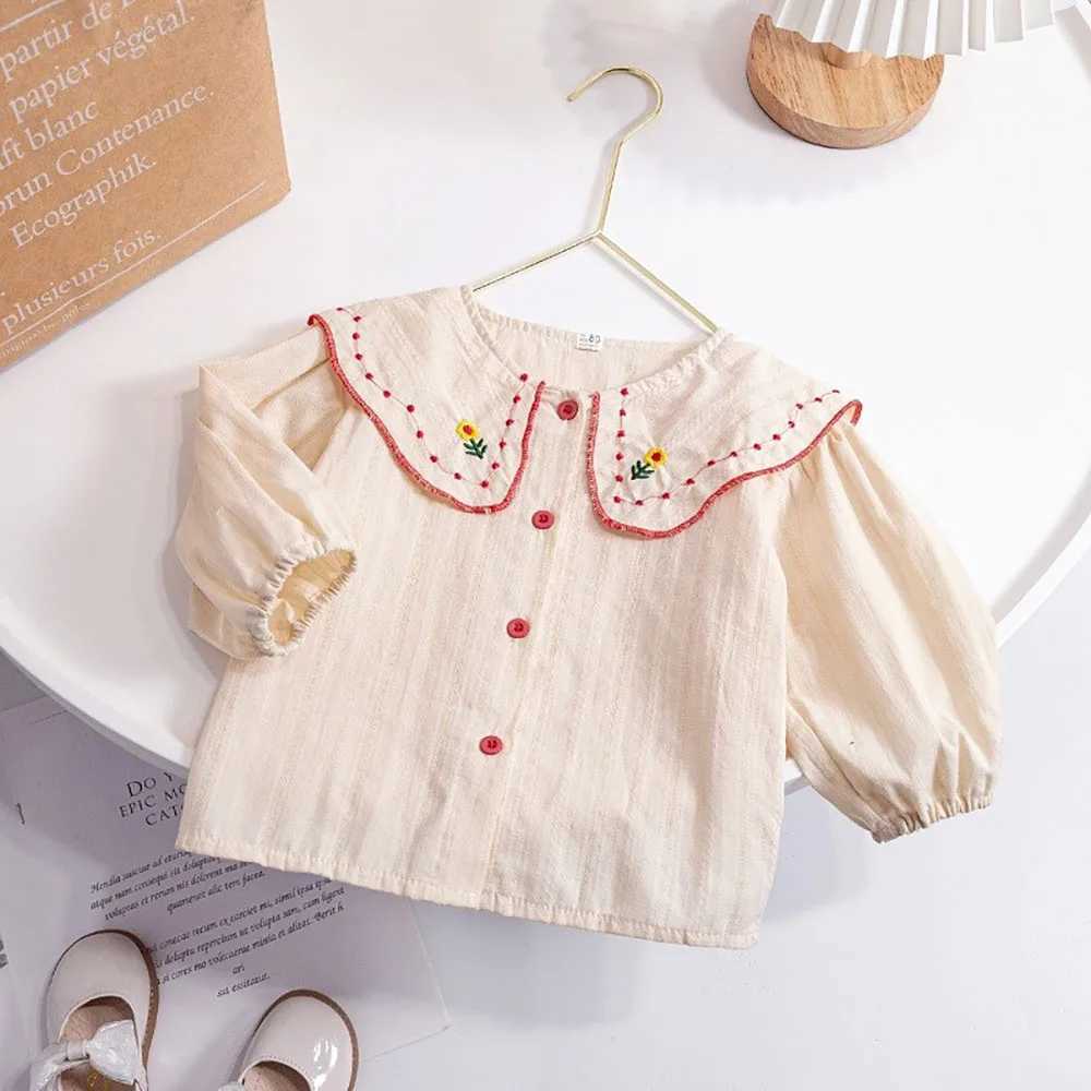 Floral Embroidery Baby Girls Shirts Spring Autumn Sweet Ruffles Peter Pan Collar Long Sleeve Shirts Kids Tops Children Clothes C251007