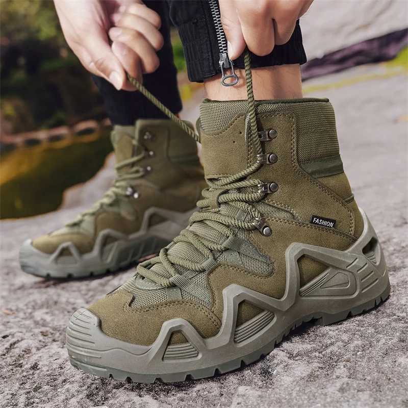 Outdoor Suede Leather Hiking Shoes Men Nonslip Training Mountain Trekking Boots Men Green Combat Tactical Boots Plus Size 46 J251007