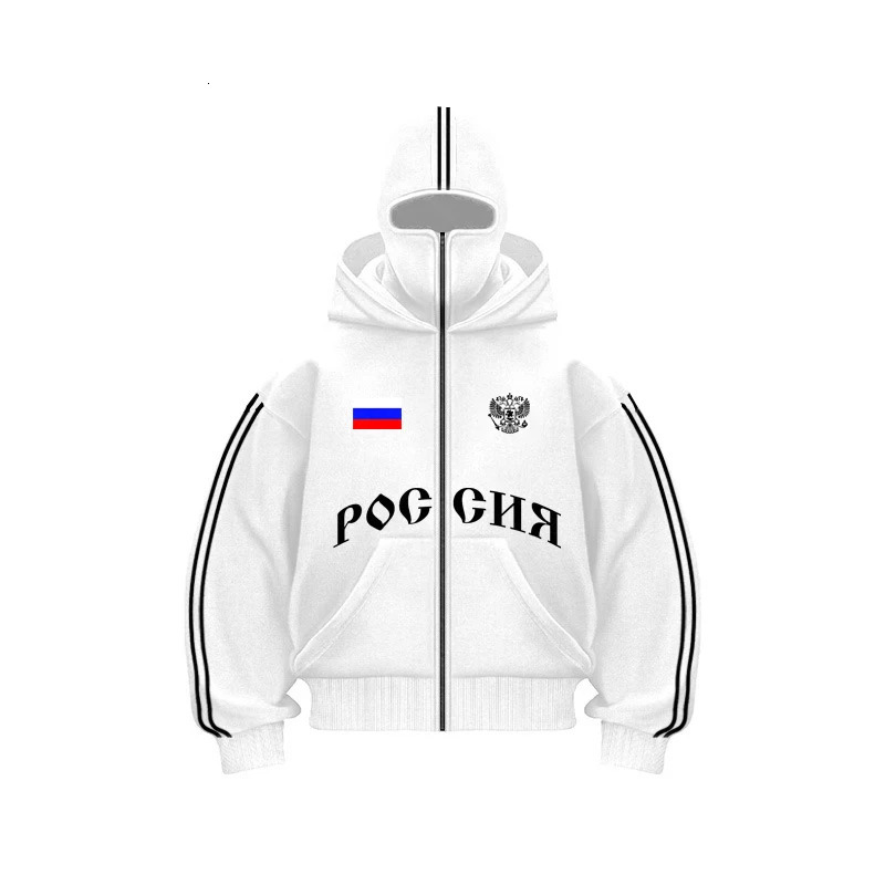 Russia Vintage Double Zip Hoodies Y2K Clothes Men Hip Hop Lettering Graphic Oversized Hoodies Sweatshirts Casual Jacket 250930