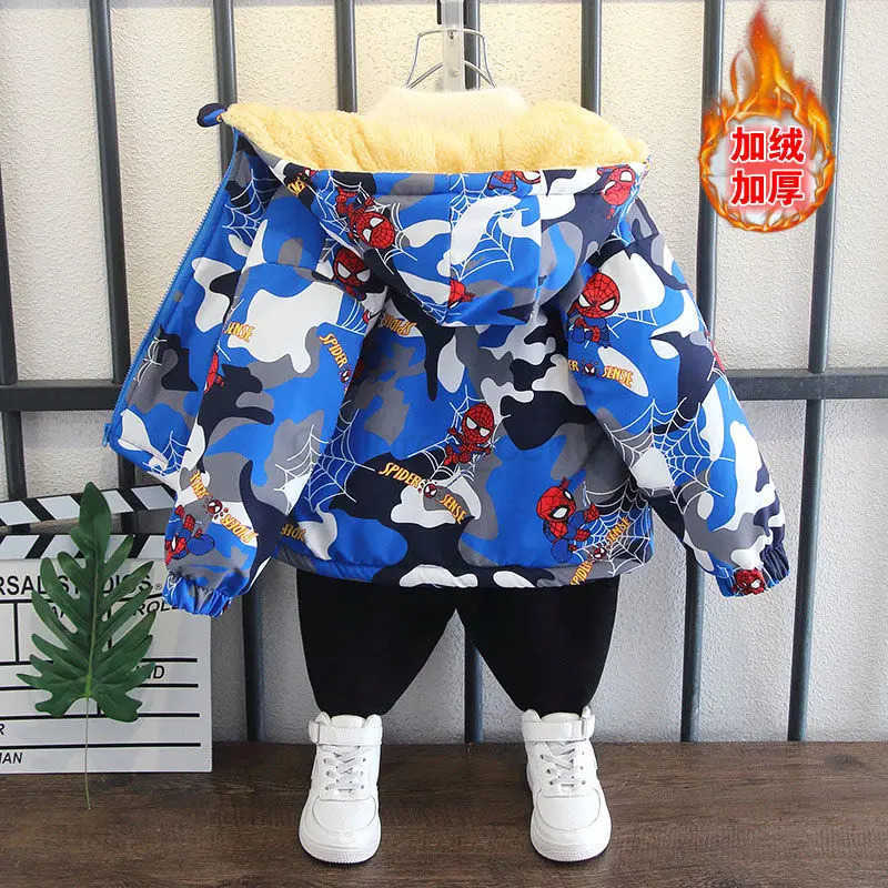 Disney Winter Childrens Parkas Coat Kids Boys Cartoon Spider Man Full Print Hoodie Jacket Toddler Thicken Plush Warm Outerwear Clothes H251007