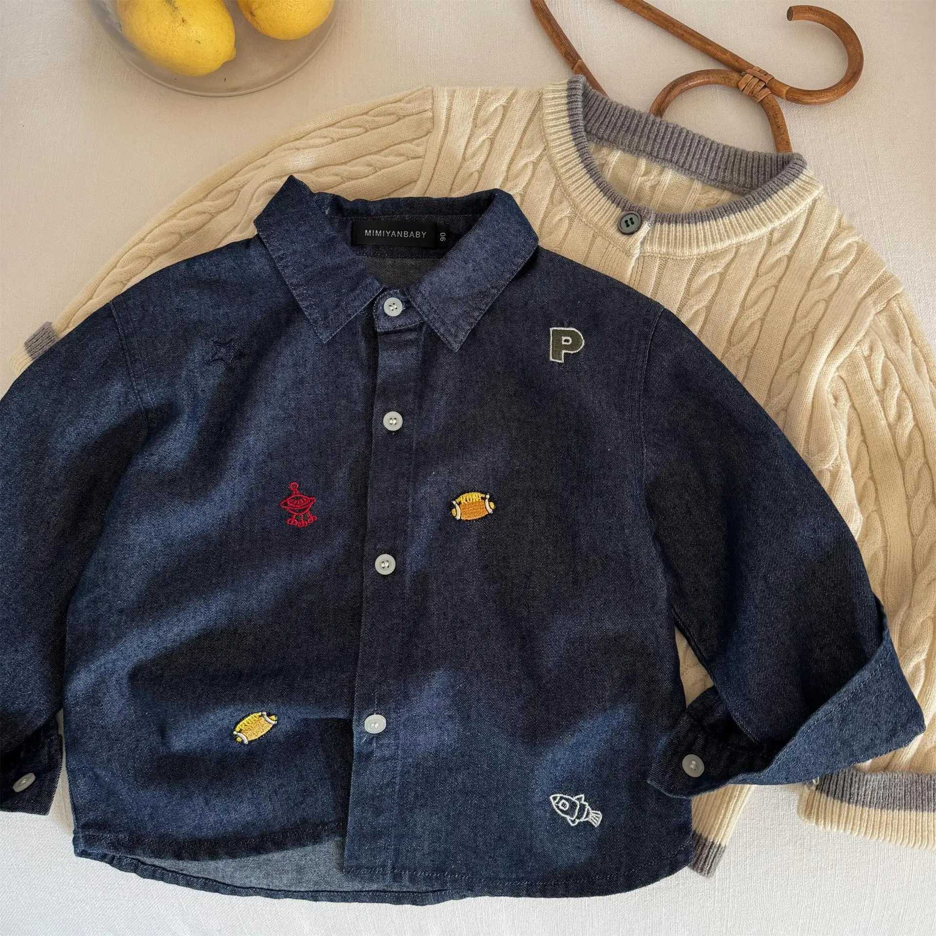 Children Shirt 2025 Spring New Simple Embroidered Shirt for Boys and Girls Baby Versatile Denim Shirt C251007
