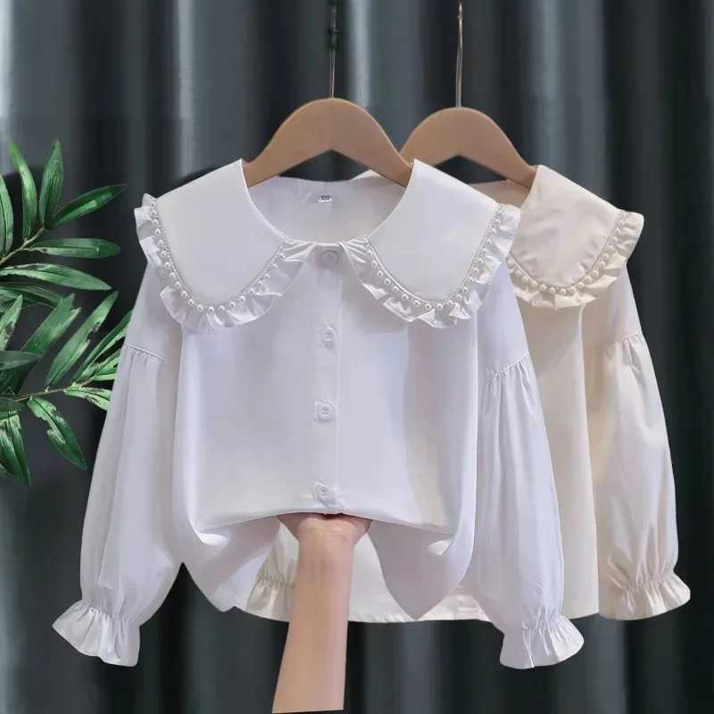 2025 Spring and Autumn New Girls Pure Cotton Doll Neck Long Sleeve Shirt Childrens White Performance Top C251007