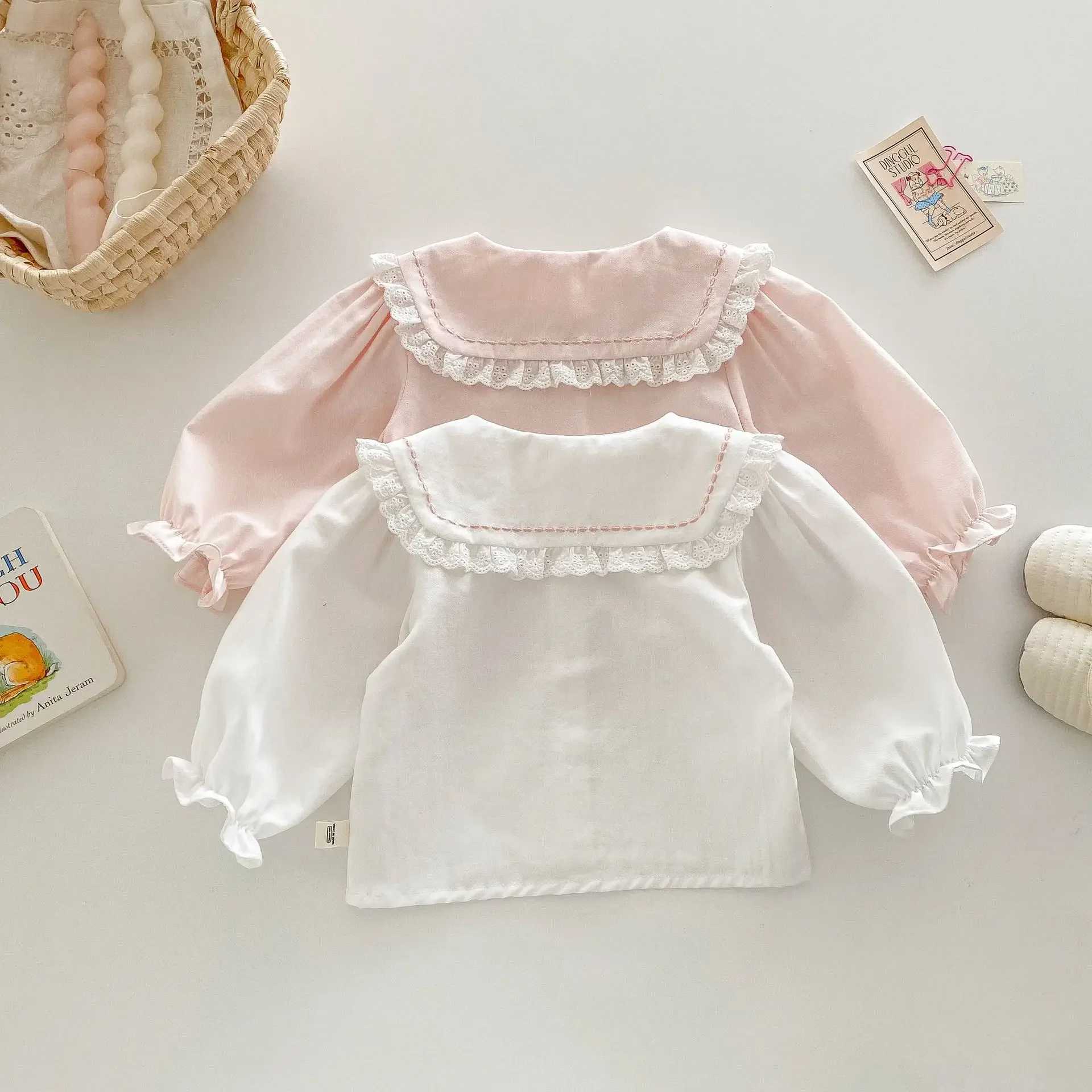 Spring Baby Girls Lace Blouses Kids White Pink Shirts 2025 Autumn Doll Collar Tops Childrens Embroidery Clothing Korean Style C251007