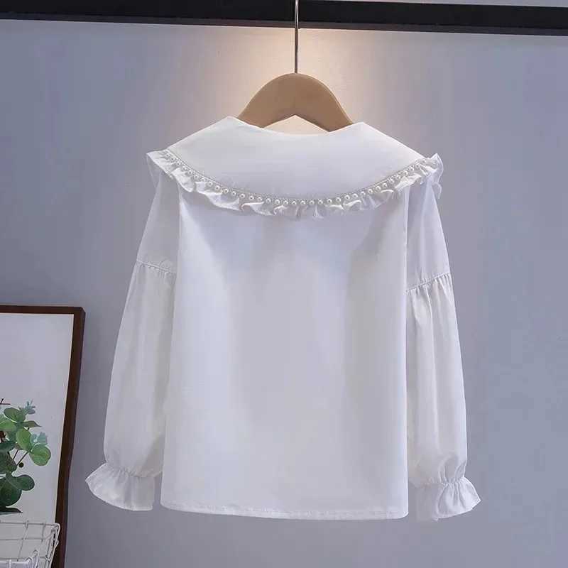 2025 Spring and Autumn New Girls Pure Cotton Doll Neck Long Sleeve Shirt Childrens White Performance Top C251007