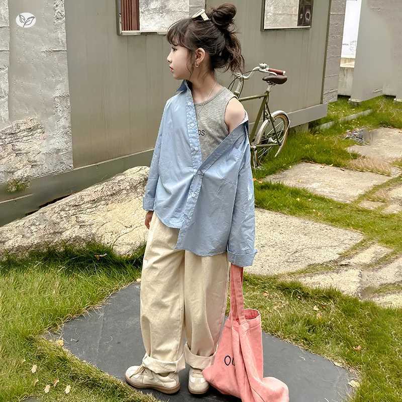 516Y Girls Blouses 2025 Autumn New Korean Fashion Casual Daily Solid Color LongSleeve Turndown Collar Shirt Kids Spring Coat C251007