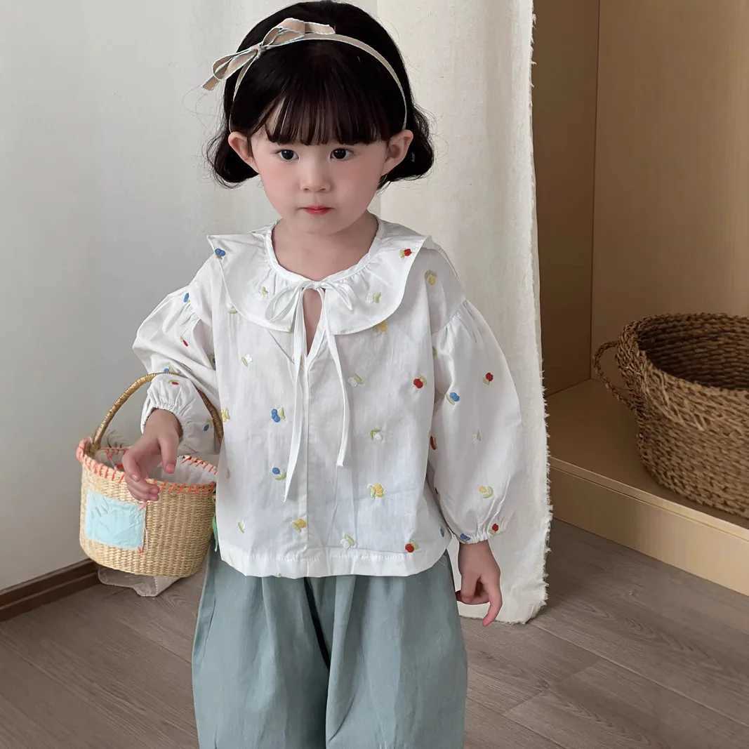 5722 Children Shirt Spring 2025 New Korean Girls Cotton Embroidered Lotus Leaf Collar Shirt Sweet Bottoming Shirt Tops C251007
