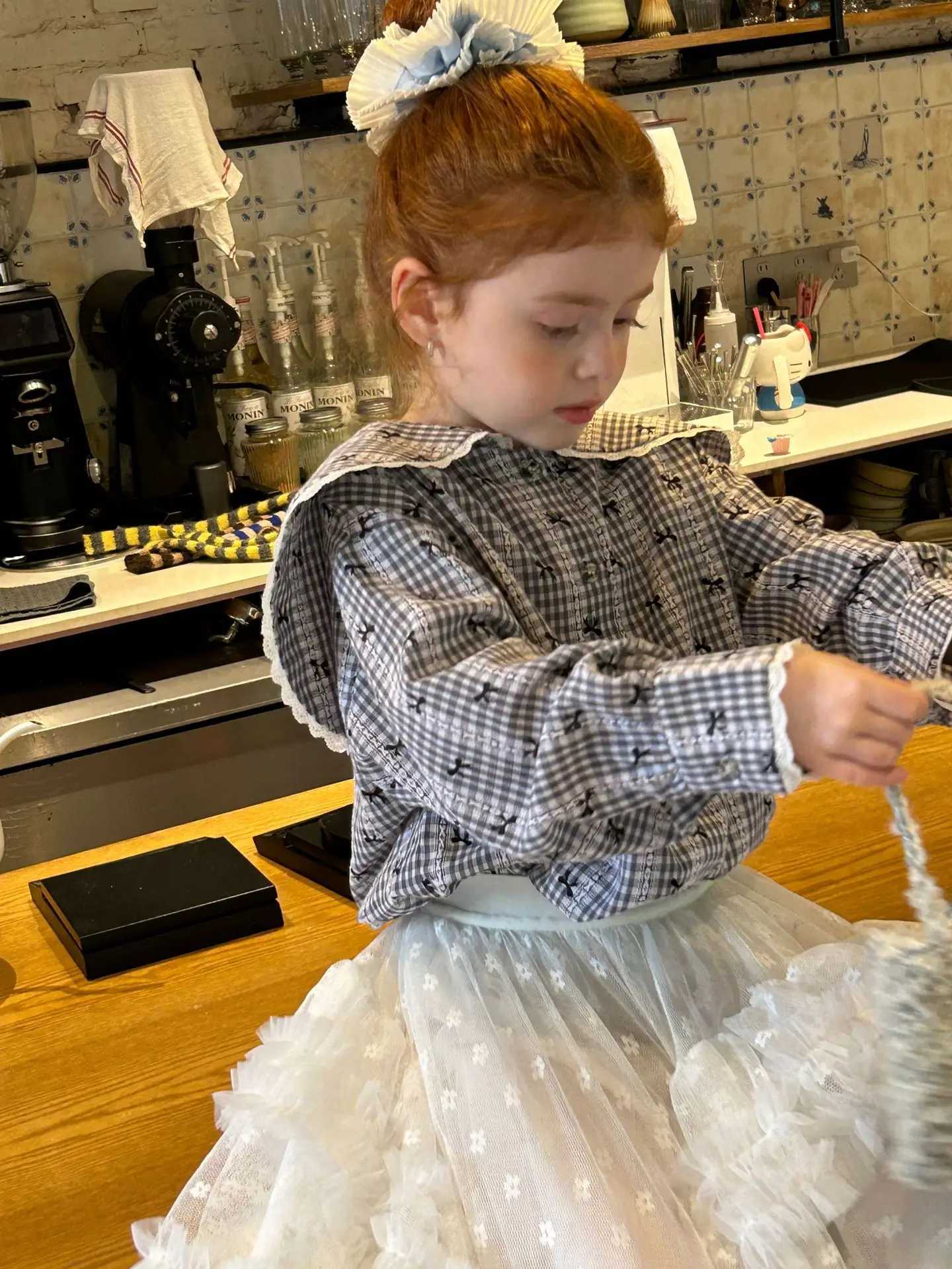 Lace Lapel Plaid Bow Printed Shirt Spring and Autumn 2025 New Fashionable Gentle Cute Allmatch Shirt C2510071