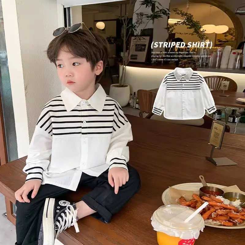17 Y Childrens Striped Shirt Spring and Autumn 2025 New Boys Fashion Patchwork Long Sleeved Top Baby Spring Shirt C251007