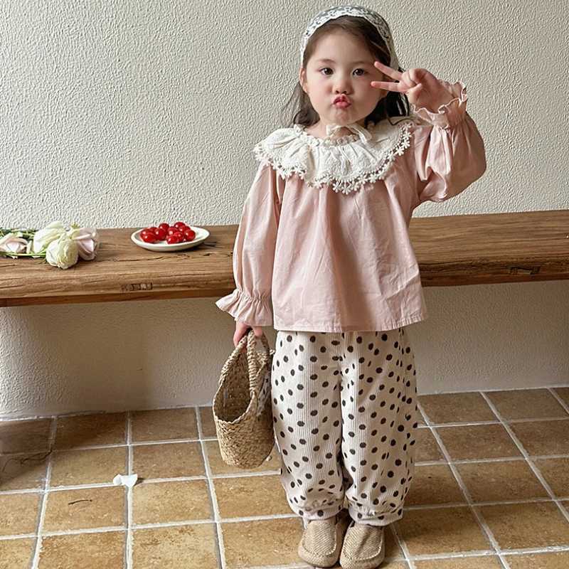 Baby Girls Pink Blouses Children New Style Lapel Blouse Flared Sleeves Tops Kids LongSleeved Lace Casual Lotus Collar Shirt C251007
