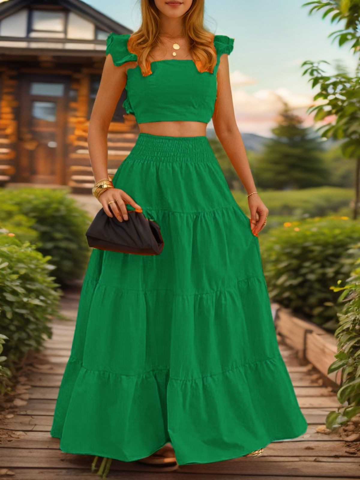 G107Solid color sexy style ruffled French suspender skirt two-piece dress women's suit