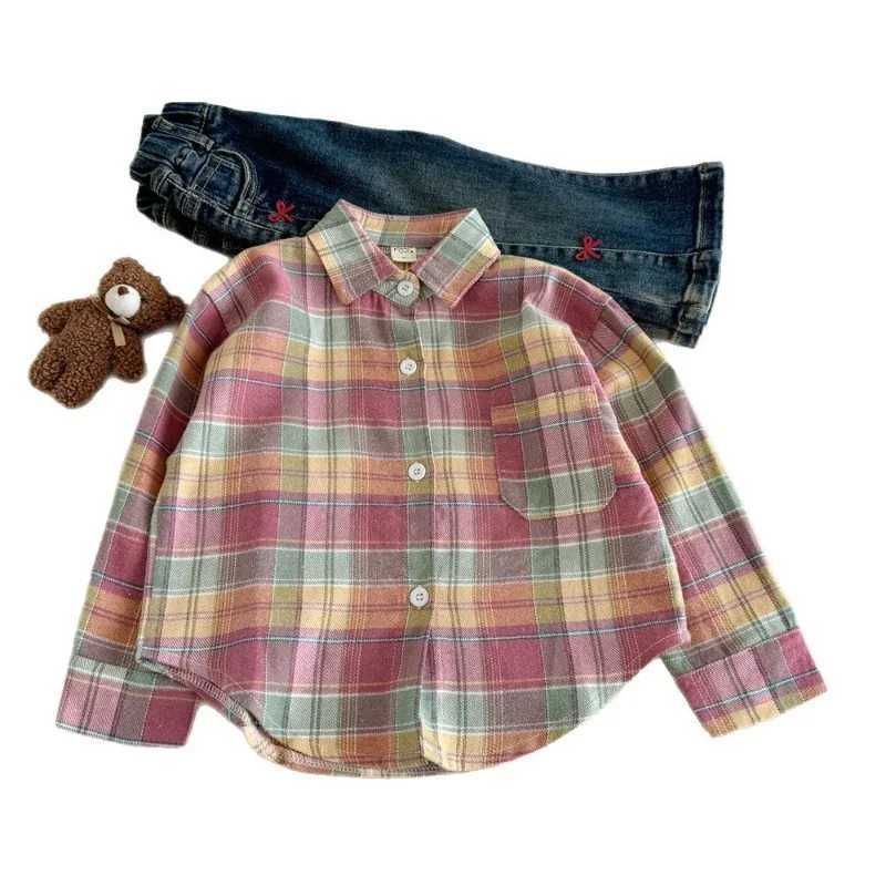 Girls Shirt 2025 Autumn New Colorful Checkered Long Sleeve Sweet and Cute Retro Soft and Comfortable Daily Wear C251007