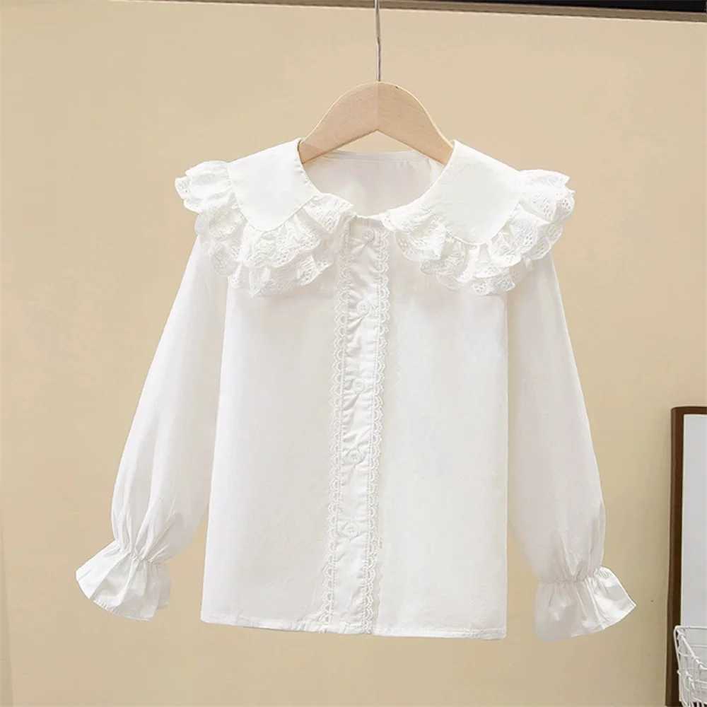 2025 Girls White Shirt Spring and Autumn Lace New Top Childrens Cotton Korean Female Student White Blouse for Girls clothes C251007