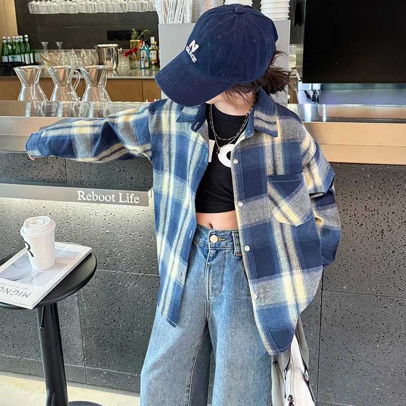 Spring Child Long Sleeve Plaid Shirts for Girls Fashion High Street Outerwear Teenage Kids Cotton Plaid Blouse 5 7 9 11 13 14 Y C251007