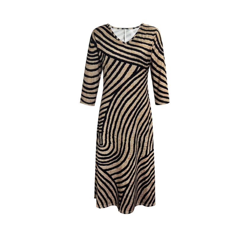 Womens Striped Print V-neck Midi Dress Breathable Milk Silk Fabric for Summertime-CF50693