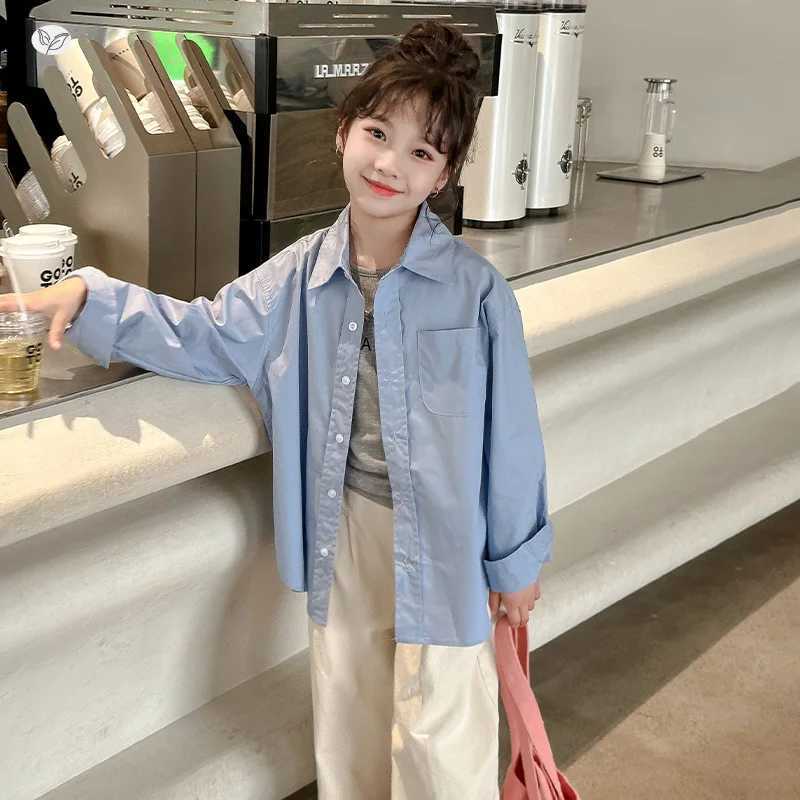 516Y Girls Blouses 2025 Autumn New Korean Fashion Casual Daily Solid Color LongSleeve Turndown Collar Shirt Kids Spring Coat C251007