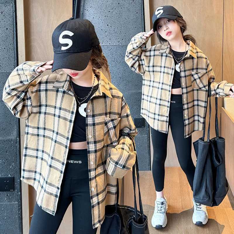 Spring Child Long Sleeve Plaid Shirts for Girls Fashion High Street Outerwear Teenage Kids Cotton Plaid Blouse 5 7 9 11 13 14 Y C251007