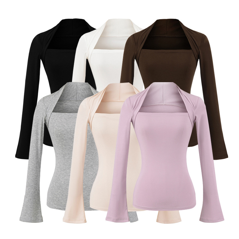 G10074 Sexy fake two-piece square neck long-sleeved top