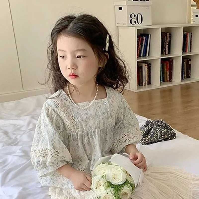 Girls Shirt Childrens Summer Clothing Baby French Style Temperament Top Fashionable and Casual Versatile Lace Floral Shirt C251007