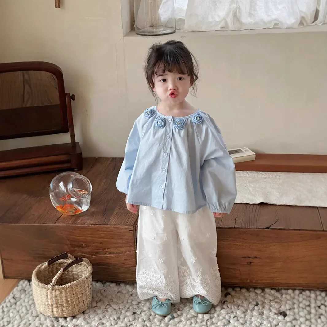Girls Shirt 2025 Spring New Korean Fashion Solid Color Camellia Long Sleeve Doll Shirt Kids Clothes Girls C2510071