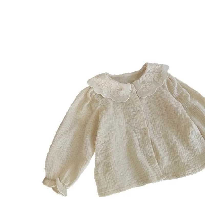 6850 Children Shirt 2025 Autumn New Lace Collar Solid Color Baby Girls Shirt Embroidery Longsleeved Blouse Tops C251007