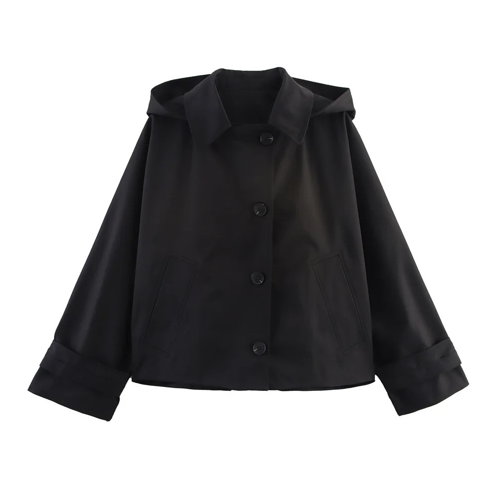 Autumn European and American style hooded long sleeved lapel jacket single breasted trench coat short 250930