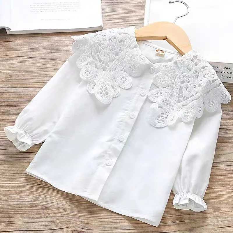 2025 Spring Baby Girls Lace Blouses Kids Button Up White Shirts Doll Collar Tops Autumn 1 To 12Yrs Childrens Casual Clothing C251007