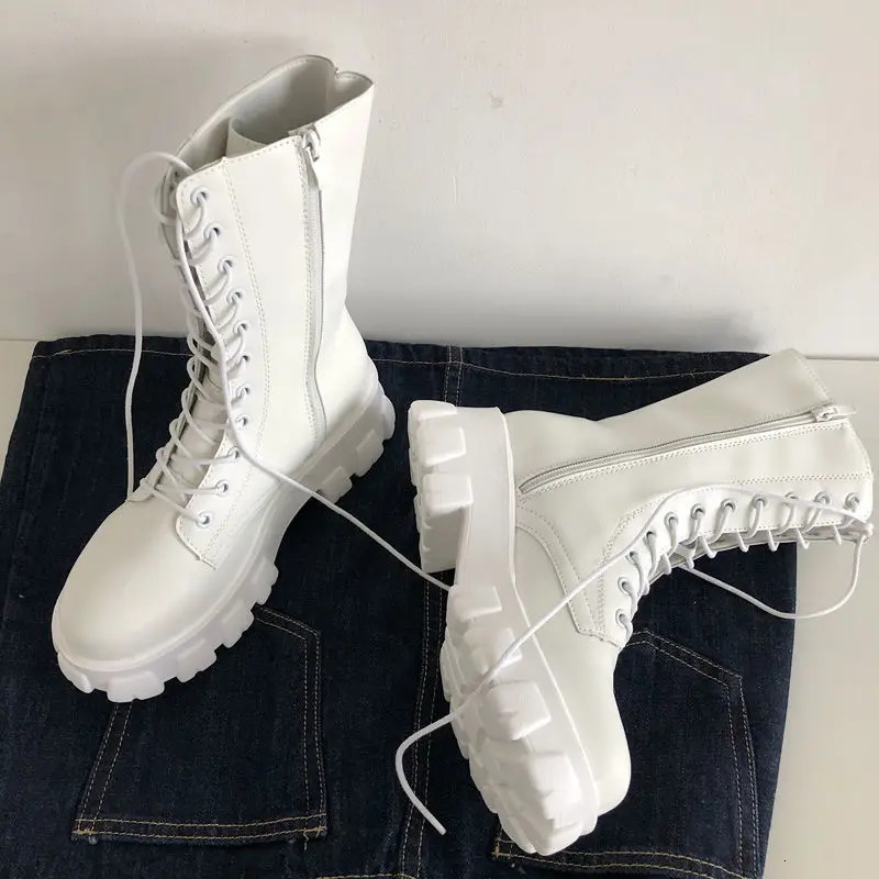 Mid Calf Boots Women Autumn Winter Fashion Laceup Ladies Chelsea Zipper Botas Mujer Boots Sports Platform Heel Ladies Shoes 250930